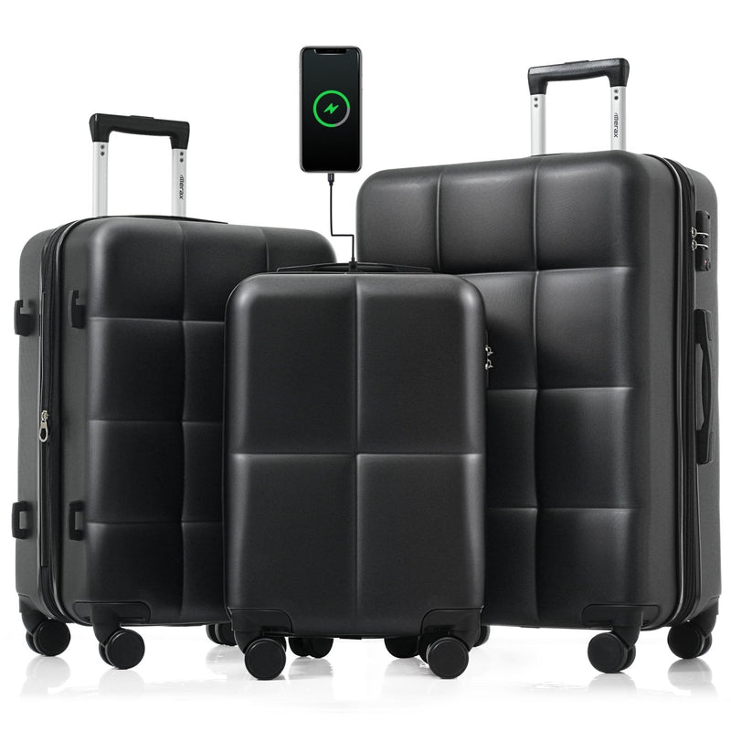 Merax USB Port 3pc ABS Hardside Luggage Sets Expandable Spinner Wheels, All Black, 20/24/28 Inch