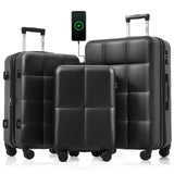 Merax USB Port 3pc ABS Hardside Luggage Sets Expandable Spinner Wheels, All Black, 20/24/28 Inch