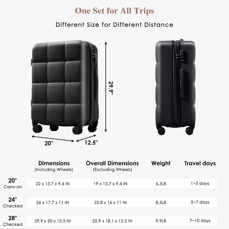 Merax USB Port 3pc ABS Hardside Luggage Sets Expandable Spinner Wheels, All Black, 20/24/28 Inch