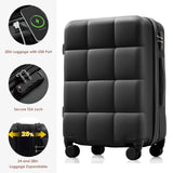Merax USB Port 3pc ABS Hardside Luggage Sets Expandable Spinner Wheels, All Black, 20/24/28 Inch