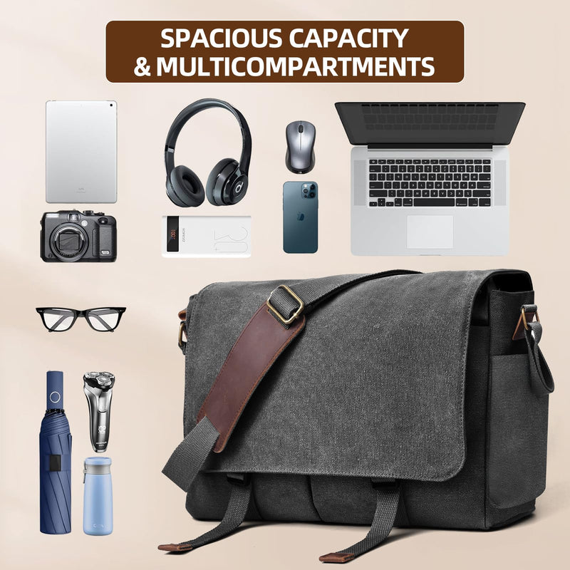 Messenger Bag for men Laptop Bag UnisexRetro Canvas Bag14 - 15.6 inches Casual single shoulder bag For Work College Travel (black)