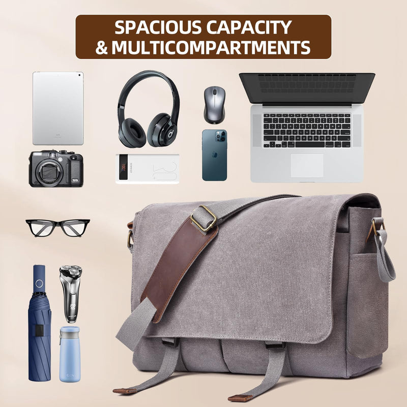 Messenger Bag for men Laptop Bag UnisexRetro Canvas Bag14 - 15.6 inches Casual single shoulder bag For Work College Travel (grey)