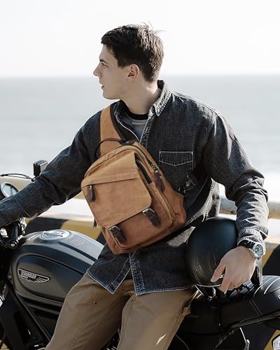 Messenger Bag for Men Small Sling Crossbody Backpack for Men Women Canvas Strap Backpack for Working Hiking Cycling Travel, Khaki
