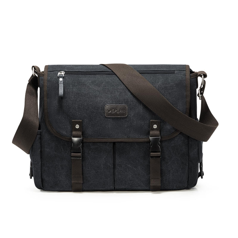 Messenger Bag for Men, Water Resistant Unisex Classic Vintage Canvas Shoulder Bag,15.6 Inch Laptop Bag, School Bookbag, Black - Large