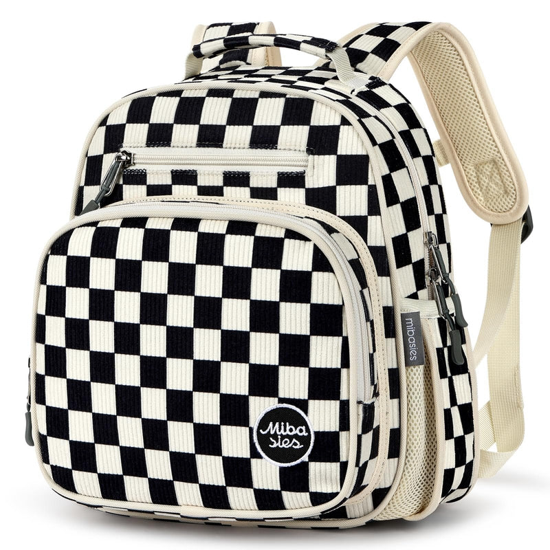 mibasies Corduroy Toddler Backpack for Boys 2 - 4: Little Kids Backpacks for Preschool Prek Daycare - Cute 12 Inch Bookbag - Black Checkered