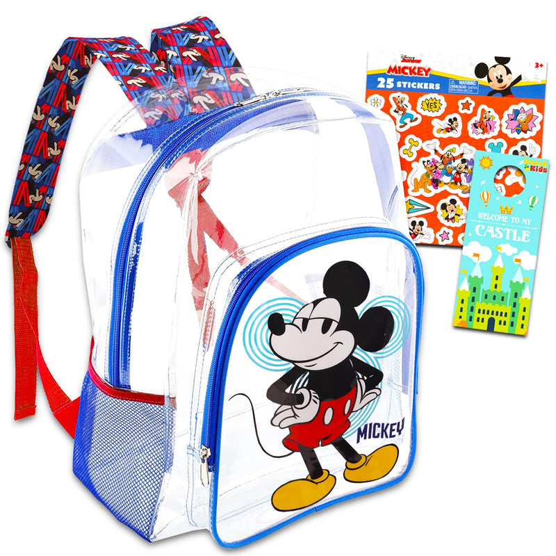 Mickey Mouse Clear Backpack for Boys 8 - 12 - Mickey Backpack for Boys 16 Inch Bundle with Stickers, More | Transparent Disney Mouse School Bag for Kids School Supplies