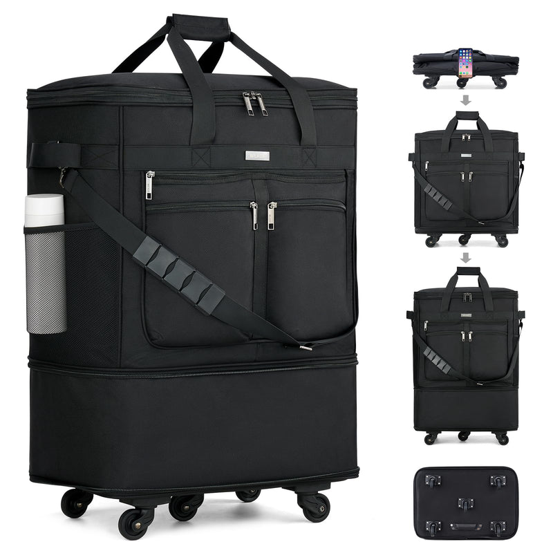 MILADA Expandable Luggage Bags for Travel Foldable Suitcase with Wheels Collapsible Rolling Travel Duffle Bag Lightweight Large Suitcases without Telescoping Handle, Black