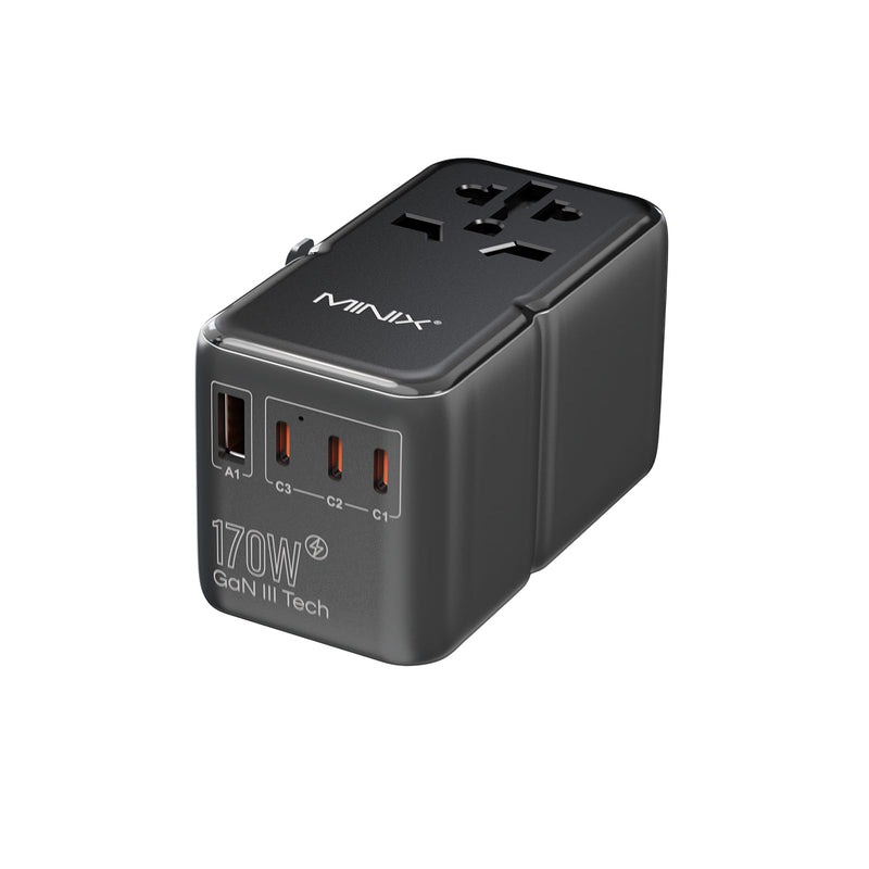 MINIX 170W Universal Travel Adapter GaN III Travel Adapter Worldwide with 3 USB - C & 1 USB - A Ports, International Power Adapter Compatible with US/UK/EU/AU for Laptops, Tablets, Phones, Cameras