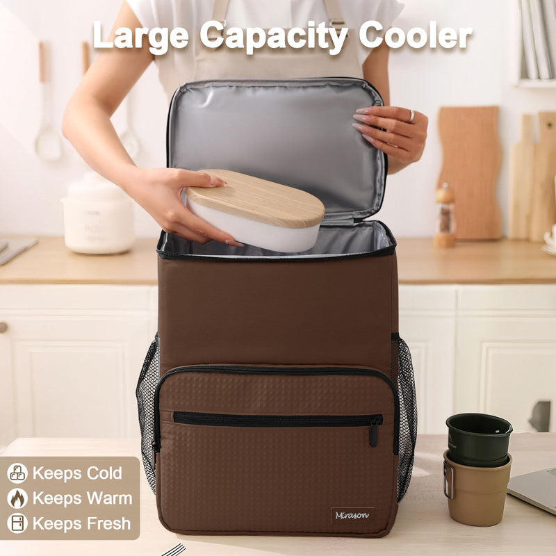 MIRASON Cooler Backpack Insulated Leak Proof Beach Backpack Cooler Bag, Cooling Beer Lunch Backpack Cooler for Men Women Picnic Hiking Camping Travel with 4 Pockets, Brown