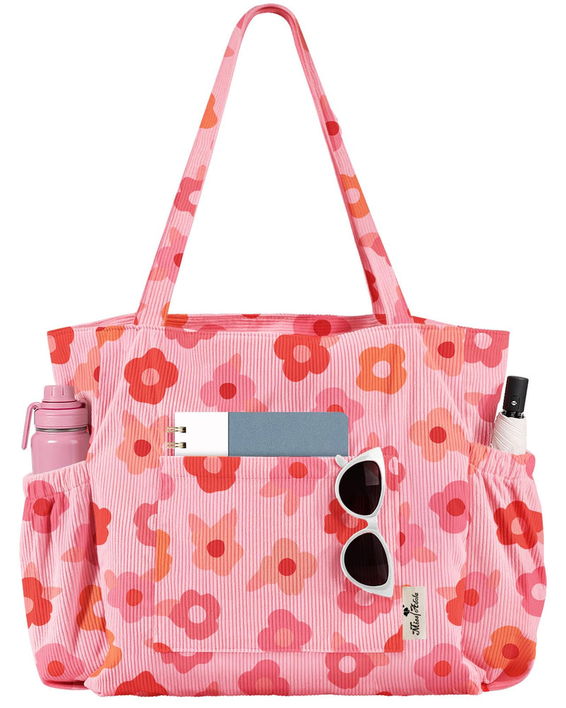 Miss Adola Corduroy Tote Bag for Women - Large Capacity Reusable Shoulder Bags with Zipper Multi - Pocket Design Cute Handbags for Work, School, Travel, and Daily Use, PK Flower