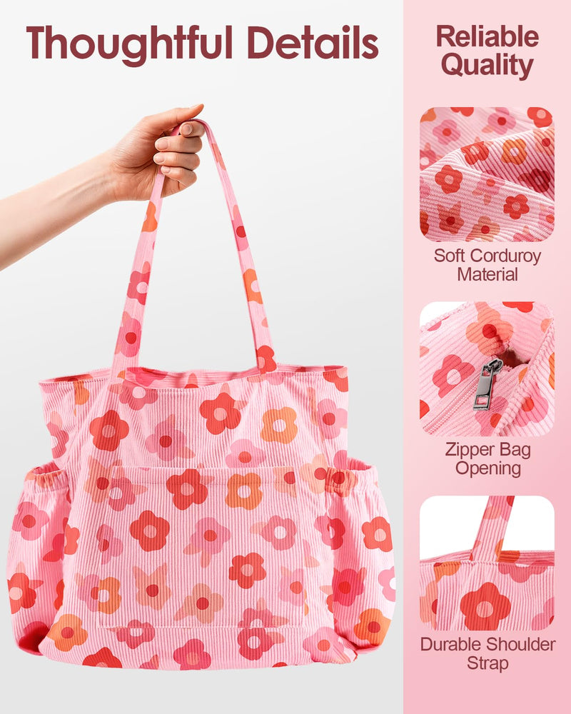 Miss Adola Corduroy Tote Bag for Women - Large Capacity Reusable Shoulder Bags with Zipper Multi - Pocket Design Cute Handbags for Work, School, Travel, and Daily Use, PK Flower