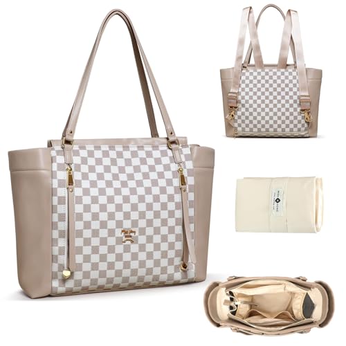 miss fong Checkered Diaper Bag Tote Leather Diaper Bag Backpack, Large Capacity Mommy Bag Hospital Bag, 12 Pockets Travel Diaper Tote with Changing Pad for Mom Plaid Tote Bag for Women-Beige&Honey