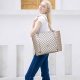 miss fong Checkered Diaper Bag Tote Leather Diaper Bag Backpack, Large Capacity Mommy Bag Hospital Bag, 12 Pockets Travel Diaper Tote with Changing Pad for Mom Plaid Tote Bag for Women-Beige&Honey