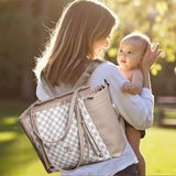 miss fong Checkered Diaper Bag Tote Leather Diaper Bag Backpack, Large Capacity Mommy Bag Hospital Bag, 12 Pockets Travel Diaper Tote with Changing Pad for Mom Plaid Tote Bag for Women-Beige&Honey