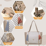 miss fong Checkered Diaper Bag Tote Leather Diaper Bag Backpack, Large Capacity Mommy Bag Hospital Bag, 12 Pockets Travel Diaper Tote with Changing Pad for Mom Plaid Tote Bag for Women-Beige&Honey