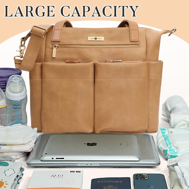 miss fong Diaper Bag Tote Baby Bag Leather Diaper Bag Backpack Large Diaper Tote Bag with 11 Pockets Changing Pad, Stroller Straps,4 Insulated Pockets