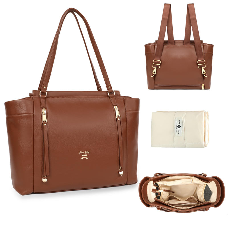 miss fong Diaper Bag Tote Leather Diaper Bag Backpack, Large Capacity Mommy Bag Hospital Bag, 12 Pockets Travel Diaper Tote with Changing Pad Pañaleras Para Bebe for Mom & Dad - Brown