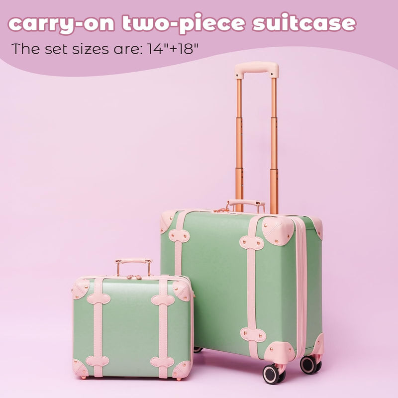 Miss.Box Vintage Luggage Set with Wheels, Retro Suitcase, Vintage Travel Luggage Set, Stylish Vintage Luggage Set for Women and Men (Green, 14inch&18inch)