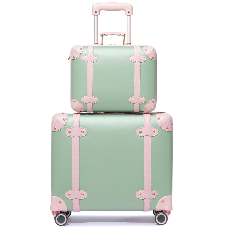 Miss.Box Vintage Luggage Set with Wheels, Retro Suitcase, Vintage Travel Luggage Set, Stylish Vintage Luggage Set for Women and Men (Green, 14inch&18inch)