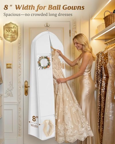 MISSLO Portable 70" Wedding Dress Garment Bag with Bride Tote Bag 8'' Gusseted Dress Bags for Gowns Long 4 Pockets Dress Cover for Women, White