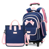 MITOWERMI Rolling Backpack for Girls 3Pcs Elementary School Bag Cute Bowknot Backpack with Wheels Girls Bookbags with Handbag Trolley Bags Kids Carry - On Luggage