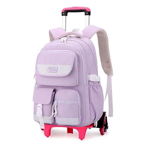 MITOWERMI Rolling Backpack for Girls, Backpack with Wheels for Girls, Kids Roller Trolley Bags Wheeled School Bookbag Purple-6 wheels | Backpacks4Less