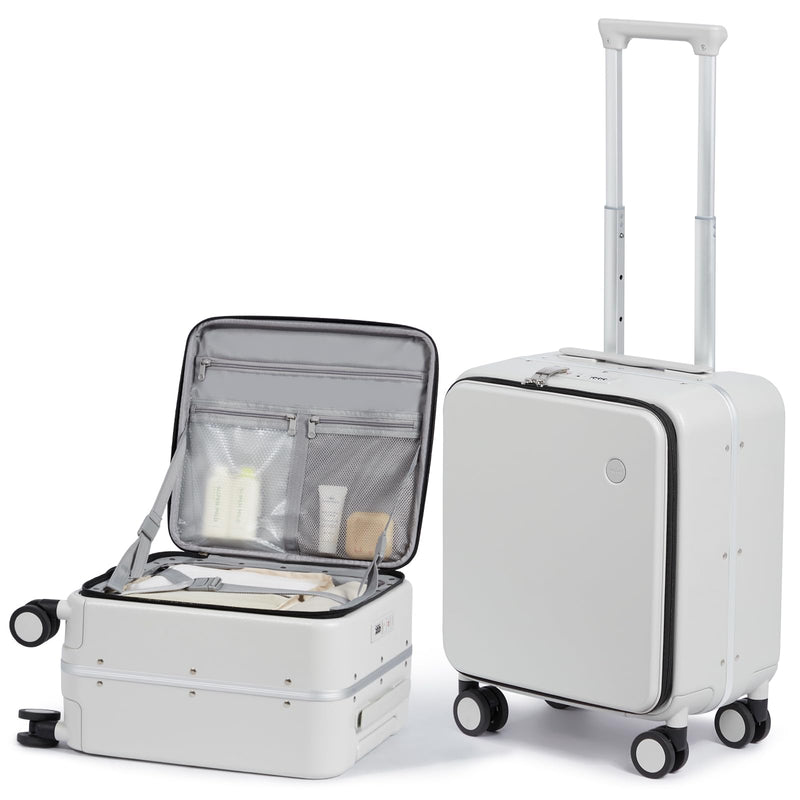 mixi 17x14x9 Carry On Luggage Underseat PC Hard Shell Suitcase Top Opening Aluminum Frame Travel Suitcases with Wheels, Smoke White