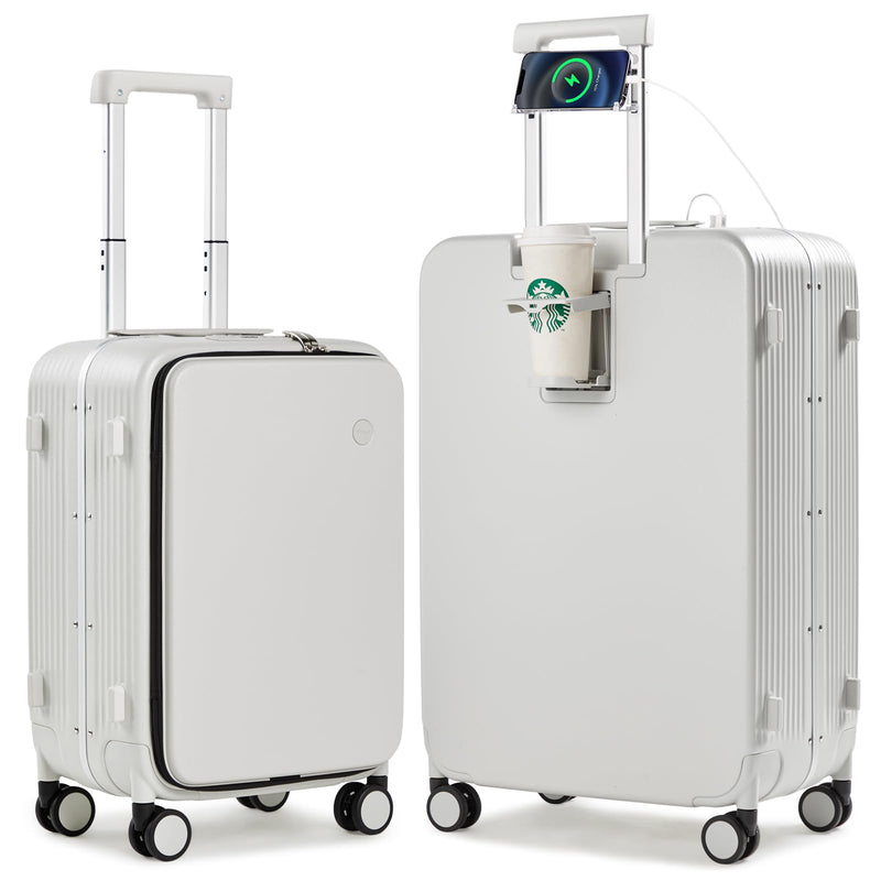 mixi 2 - Piece Luggage Sets with Cup Phone Holder and Charger Hard Shell Suitcases with Spinner Wheels, 20+26 Smoke White