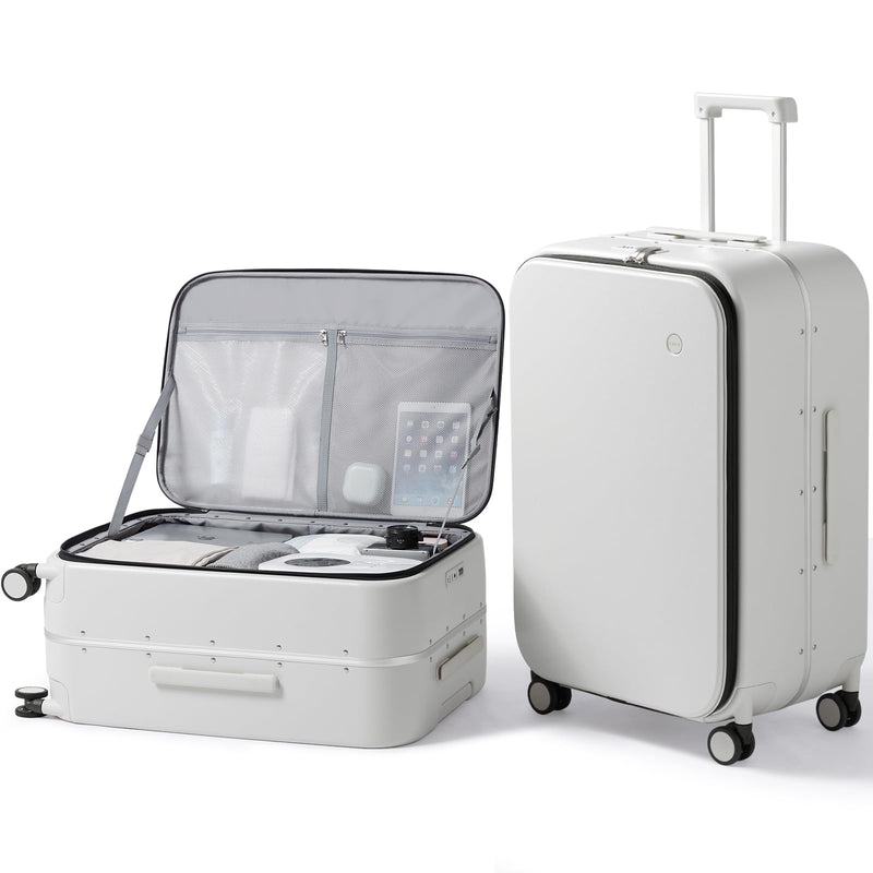 mixi 26 Inch Large Checked Luggage PC Hard Shell Suitcase Top Opening Aluminum Frame Travel Suitcases with Wheels, Smoke White