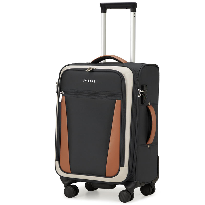 mixi Carry On Luggage 20 Inch Softside Expandable Suitcase with Front Pocket, 22x14x9 Airline Approved Rolling Lightweight Travel Suitcases with Wheels & TSA (Black - Off White)