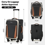 mixi Carry On Luggage 20 Inch Softside Expandable Suitcase with Front Pocket, 22x14x9 Airline Approved Rolling Lightweight Travel Suitcases with Wheels & TSA (Black - Off White)