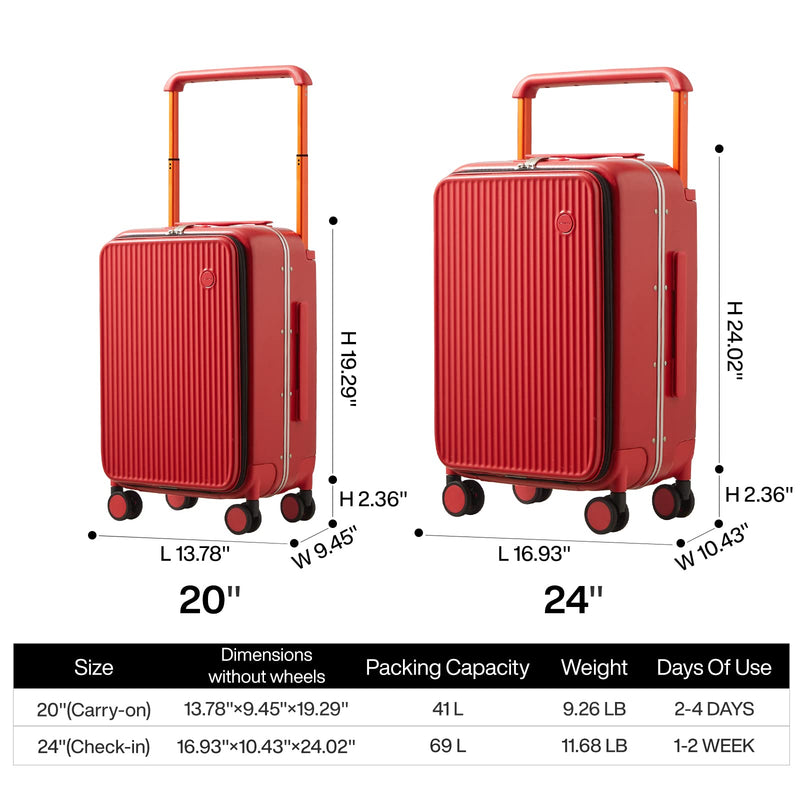 mixi Carry On Luggage 20'' Suitcase with Front Laptop Pocket, Wide Handle Rolling Travel Suitcases PC Hardshell with Aluminum Frame Spinner Wheels & TSA Lock, Carry - On Luggage(Red)