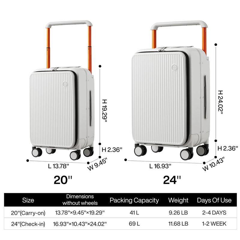mixi Carry On Luggage 20'' Suitcase with Front Laptop Pocket, Wide Handle Rolling Travel Suitcases PC Hardshell with Aluminum Frame Spinner Wheels & TSA Lock, Carry - On Luggage(Smoke White)
