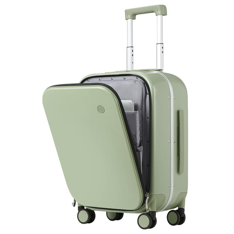 mixi Carry On Luggage, 20'' Suitcase with Front Pocket, Travel Rolling Luggage Aluminum Frame PC Hardside with Spinner Wheels & TSA Lock and Cover - Avocado Green