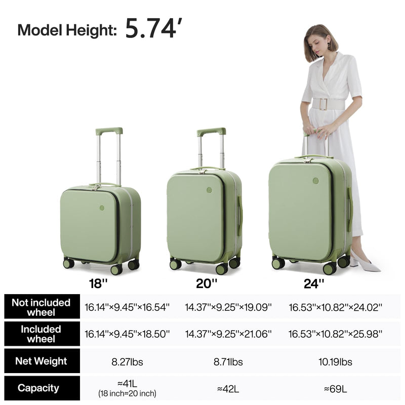 mixi Carry On Luggage, 20'' Suitcase with Front Pocket, Travel Rolling Luggage Aluminum Frame PC Hardside with Spinner Wheels & TSA Lock and Cover - Avocado Green