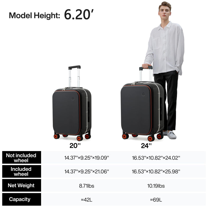 mixi Carry On Luggage, 20'' Suitcase with Front Pocket, Travel Rolling Luggage Aluminum Frame PC Hardside with Spinner Wheels & TSA Lock and Cover - Black Hollow Wheel