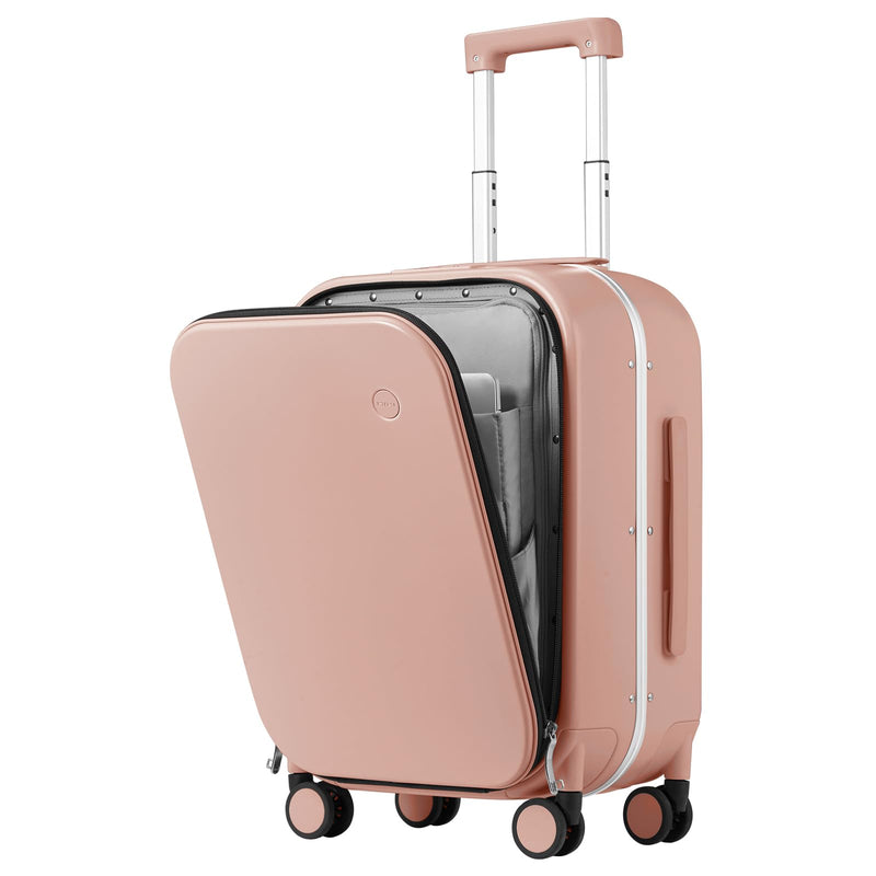 mixi Carry On Luggage, 20'' Suitcase with Front Pocket, Travel Rolling Luggage Aluminum Frame PC Hardside with Spinner Wheels & TSA Lock and Cover - Pink