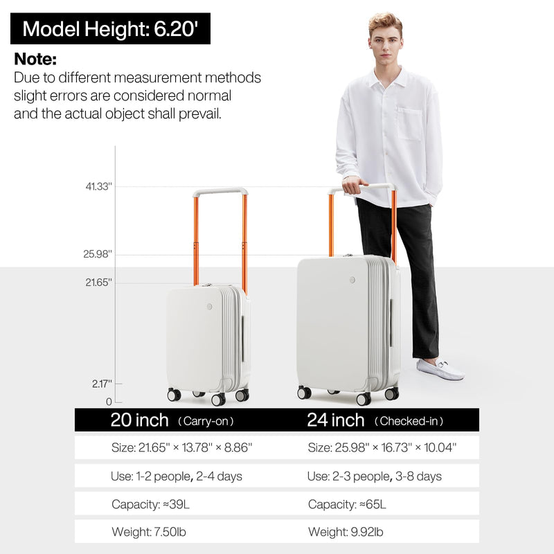mixi Carry On Luggage Airline Approved Wide Handle Lightweight Luggage PC Hard Shell Suitcases Rolling Suitcases with Spinner Wheels & TSA Lock, 20 Inch Smoke White