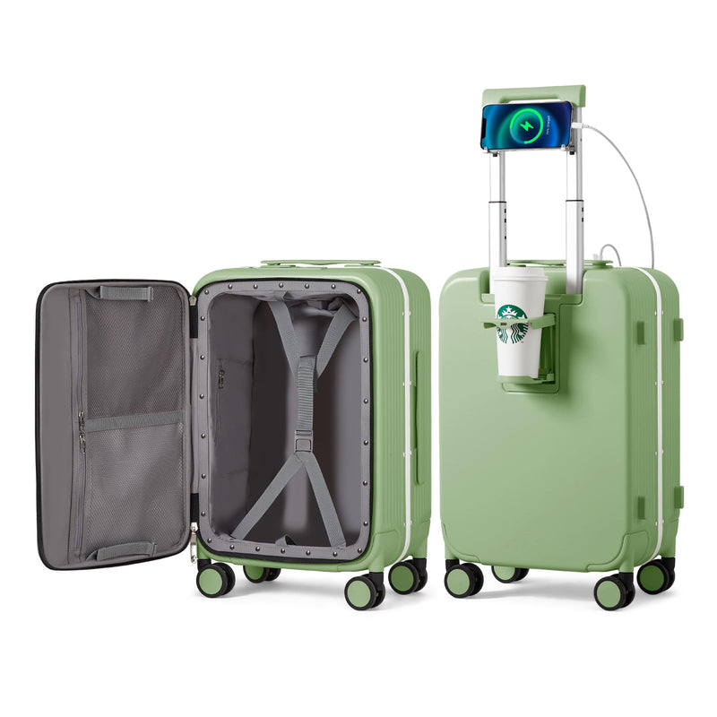 mixi Carry On Luggage with Cup Phone Holder and Charger Hard Shell Suitcases with Spinner Wheels, 20 Inch Avocado Green