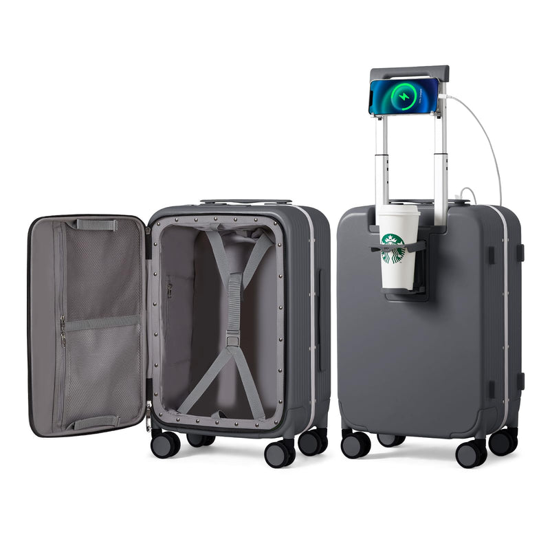 mixi Carry On Luggage with Cup Phone Holder and Charger Hard Shell Suitcases with Spinner Wheels,20 Inch Rock Gray