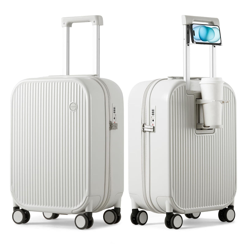 mixi Carry On Luggage with Cup Phone Holder Hard Shell Rolling Travel Suitcase with Spinner Wheels,20 Inch Smoke White