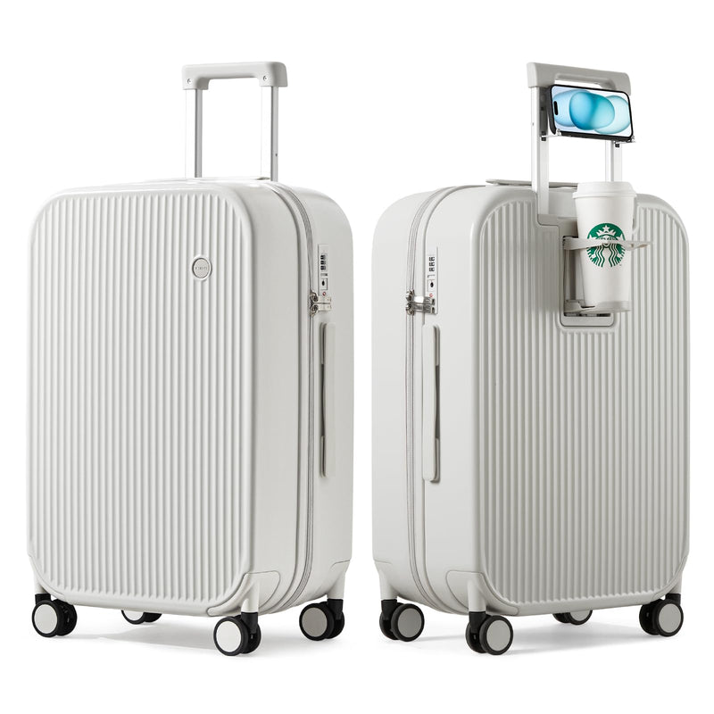 mixi Checked Luggage with Cup Phone Holder Hard Shell Rolling Travel Suitcase with Spinner Wheels,24 Inch Smoke White
