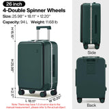 mixi Large Checked Luggage with Cup Phone Holder and Charger Hard Shell Suitcases with Spinner Wheels, 26 Inch Blackish Green