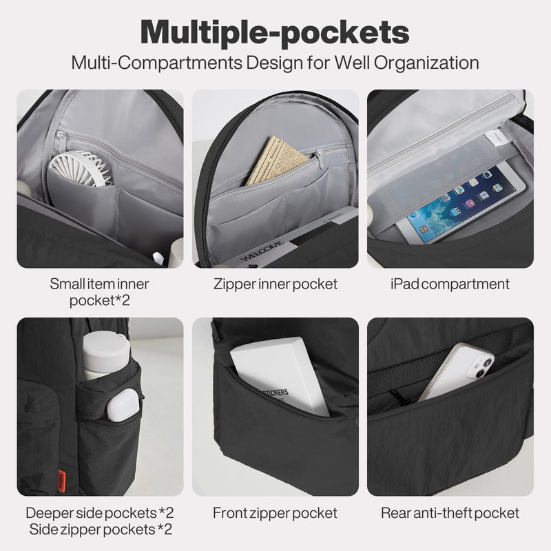 mixi Outdoor Lightweight Backpack Casual Carry On Laptop Backpack Travel Bookbag for Women Men, Water Resistant Durable Small Hiking Bag for Camping Weekender Sports College Work, 15 Inch, Black