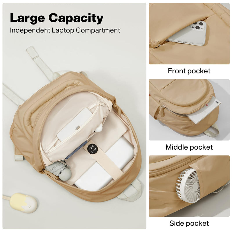 mixi Sweet Design Women Backpack Girls Cute Book Bag with Shockproof 15.6" Laptop Pocket Casual Daily Light Weight, Milky Apricot