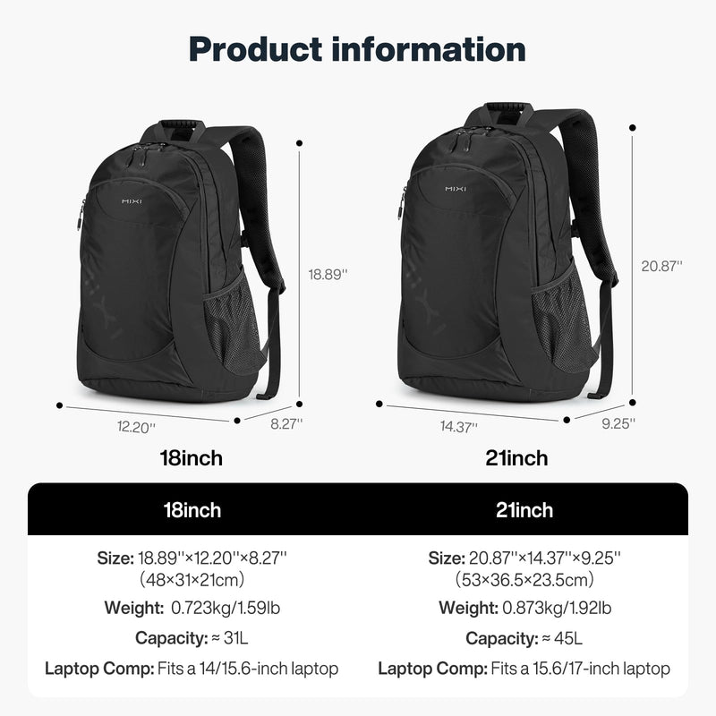 mixi Ultra Lightweight Backpack 31L Waterproof Casual backpack for Travel Sports Camping Hiking College Back Pack Daypack for Men Women, 18 inch - Black