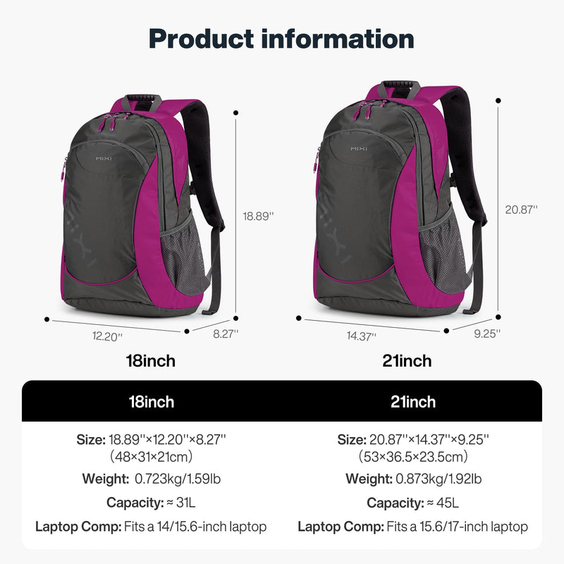 mixi Ultra Lightweight Backpack 31L Waterproof Casual backpack for Travel Sports Camping Hiking College Back Pack Daypack for Men Women, 18 inch - Rose Red