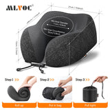 MLVOC Neck Pillow for Traveling, Upgraded 100% Pure Memory Foam Travel Neck Pillow for Airplane Flight Sleep, Breathable & Machine Washable Cover, Travel Kit with 3D Eye Mask, Earplugs & Bag, Black