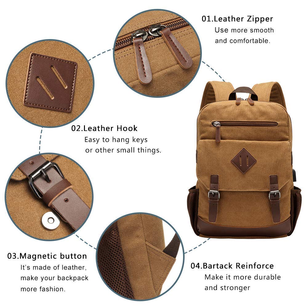 Modoker Eco - Friendly Canvas Backpack for Men Women, Vintage Rucksack Fits Most 15.6 Inch Laptop, Bookbag with USB Charging Port, Brown