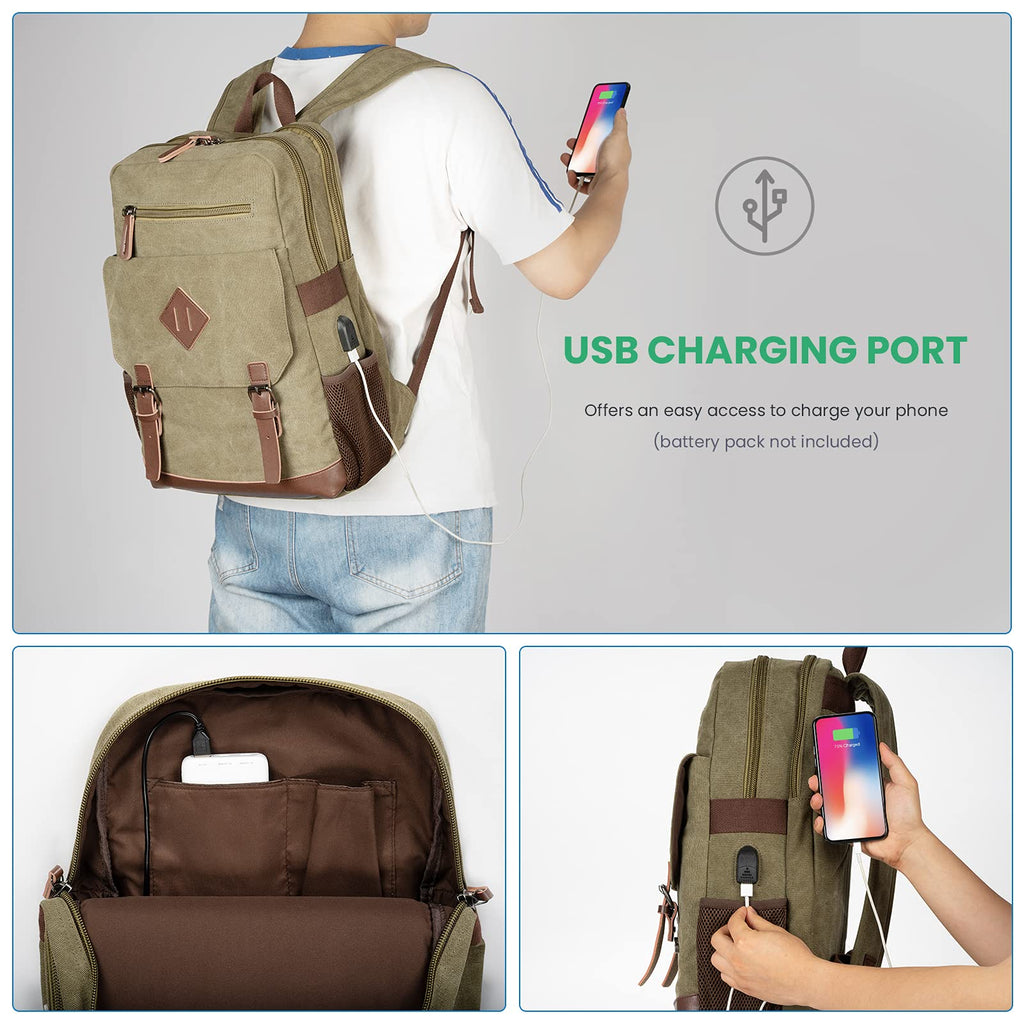 Modoker Eco - Friendly Vintage Backpack for Men Women, Canvas Bookpack Fits Most 15.6 Inches Computer and Tablets, Rucksack Backpack with USB Charging Port, Army Green